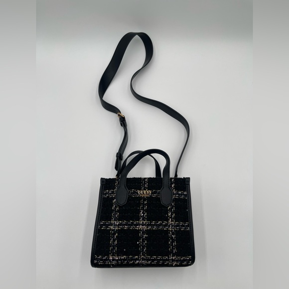 Guess Tweed Silvana Small tote Handbag Adjustable Strap Crossbody Black - Picture 13 of 13